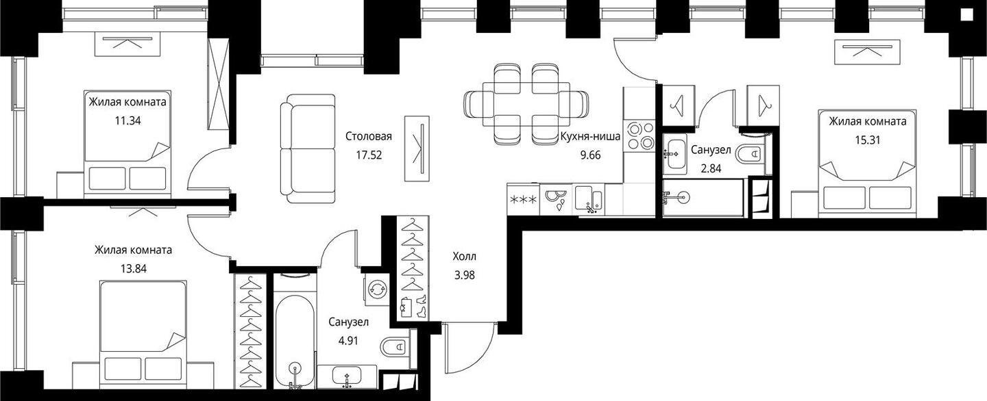 3-комнатная квартира с частичной отделкой, 79.4 м2, 2 этаж, сдача 3 квартал 2026 г., ЖК City Bay, корпус North Ocean 7 - объявление 2240635 - фото №1