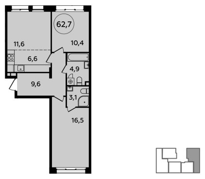 3-комнатная квартира (евро) с полной отделкой, 62.7 м2, 2 этаж, сдача 1 квартал 2024 г., ЖК Скандинавия, корпус 23.3 - объявление 1514724 - фото №1