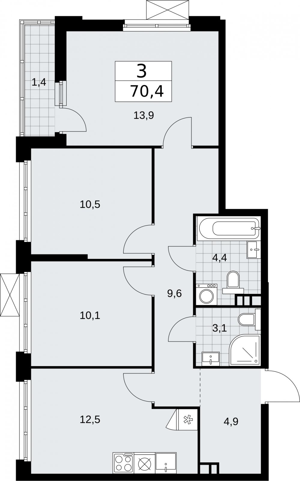 3-комнатная квартира с частичной отделкой, 70.4 м2, 3 этаж, сдача 2 квартал 2026 г., ЖК Бунинские кварталы, корпус 5.1 - объявление 2296996 - фото №1