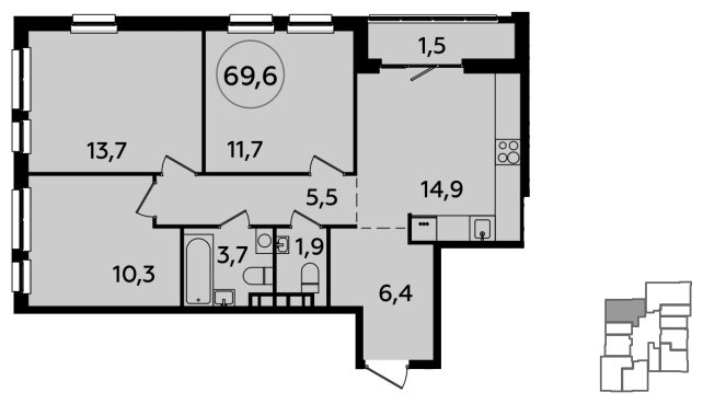 3-комнатная квартира без отделки, 69.6 м2, 18 этаж, сдача 1 квартал 2024 г., ЖК Южные сады, корпус 1.3 - объявление 1512390 - фото №1
