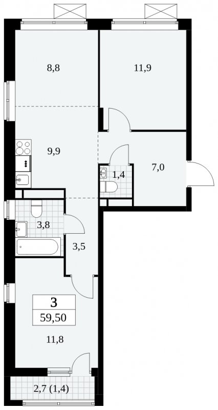 3-комнатная квартира (евро) с полной отделкой, 59.5 м2, 12 этаж, сдача 3 квартал 2024 г., ЖК Прокшино, корпус 6.5 - объявление 1663432 - фото №1
