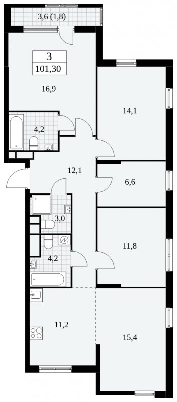 3-комнатная квартира с полной отделкой, 101.3 м2, 3 этаж, сдача 2 квартал 2025 г., ЖК Южные сады, корпус 2.1 - объявление 1759872 - фото №1