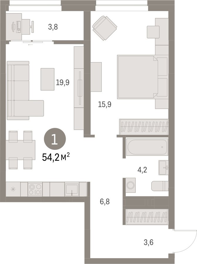 1-комнатная квартира с частичной отделкой, 54.19 м2, 7 этаж, сдача 1 квартал 2025 г., ЖК Первый квартал, корпус Дом 5 - объявление 2281451 - фото №1