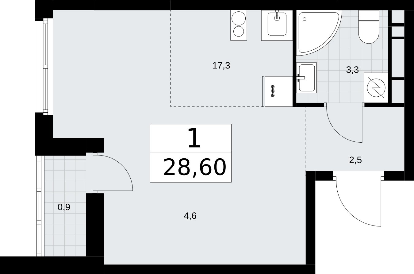 Студия с полной отделкой, 28.6 м2, 9 этаж, сдача 4 квартал 2026 г., ЖК Родные кварталы, корпус 3.3 - объявление 2378594 - фото №1