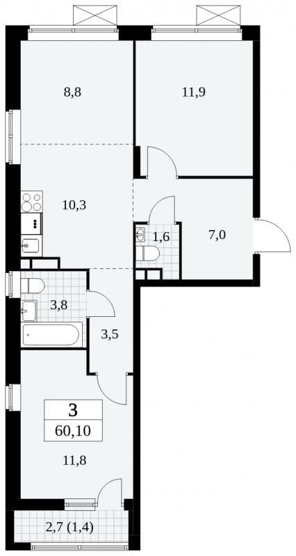 3-комнатная квартира с полной отделкой, 60.1 м2, 4 этаж, сдача 3 квартал 2024 г., ЖК Прокшино, корпус 6.5 - объявление 1663392 - фото №1