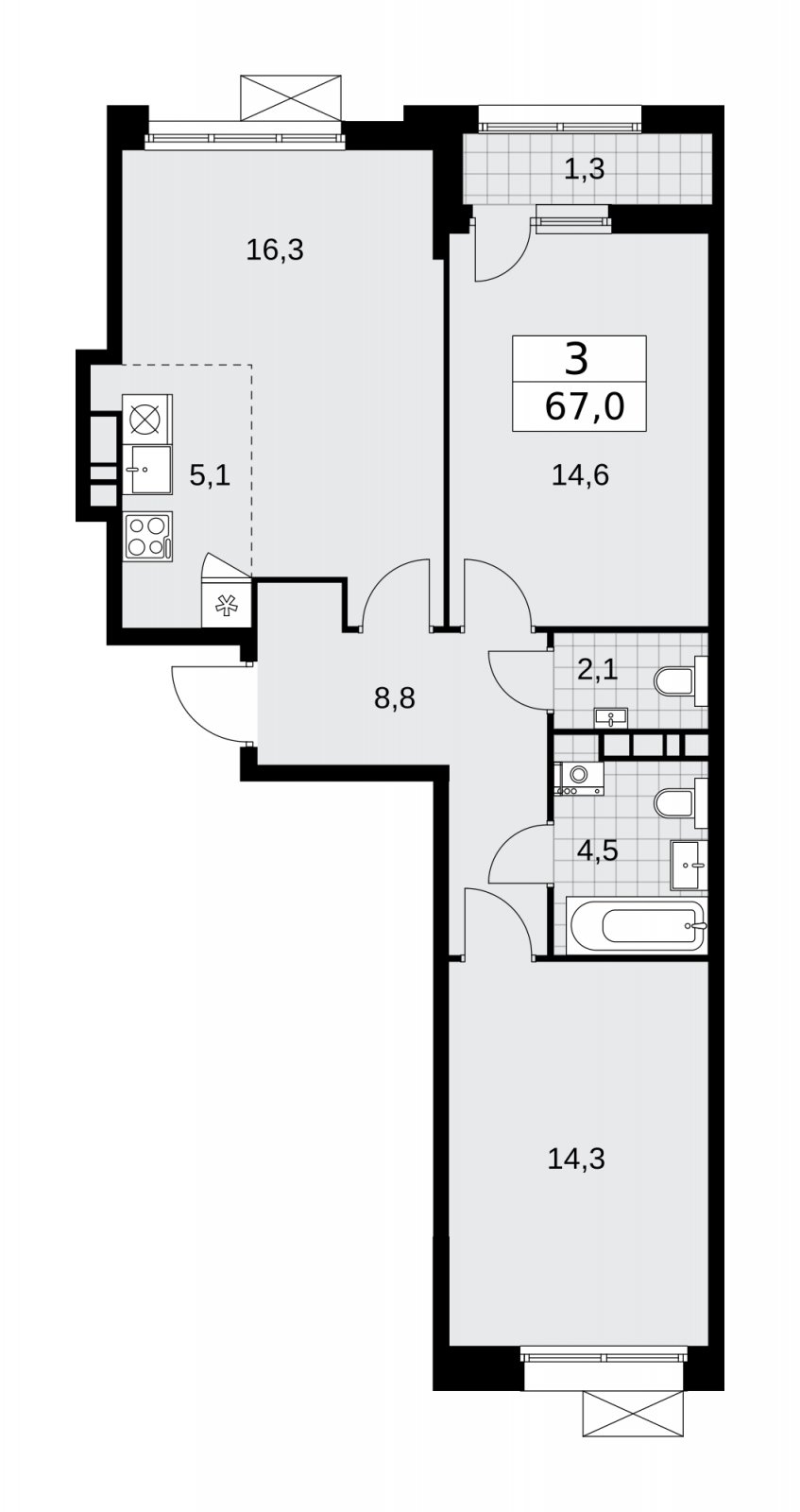 3-комнатная квартира (евро) без отделки, 67 м2, 7 этаж, сдача 4 квартал 2025 г., ЖК Бунинские кварталы, корпус 6.4 - объявление 2252694 - фото №1