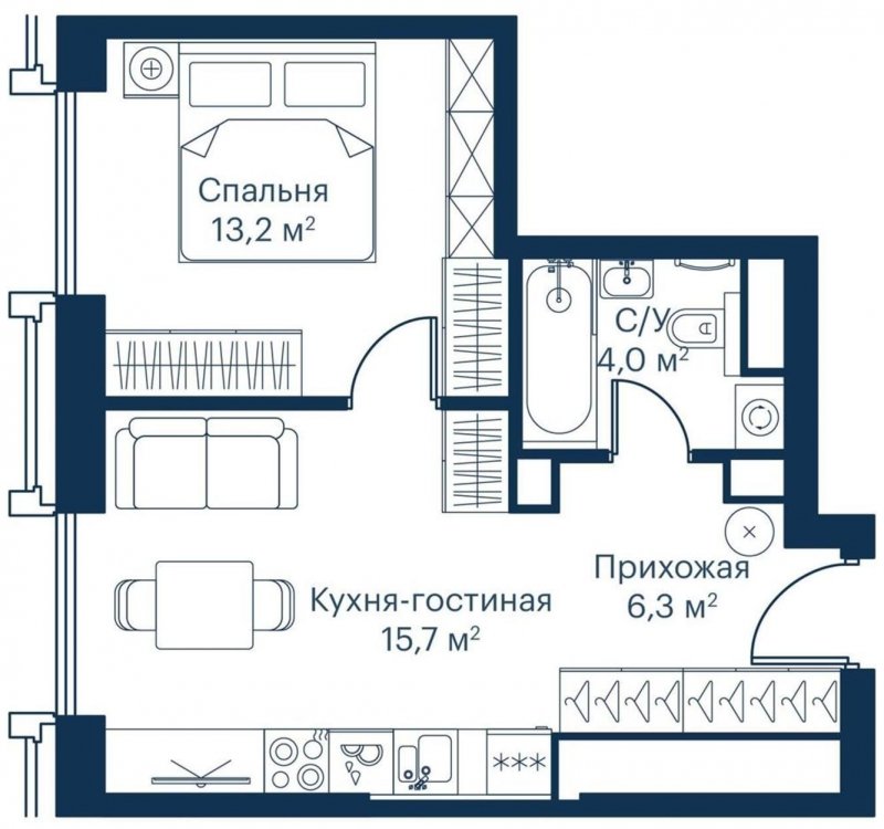 1-комнатная квартира с частичной отделкой, 39.24 м2, 48 этаж, сдача 2 квартал 2024 г., ЖК City Bay, корпус Indian Ocean 6 - объявление 1671364 - фото №1