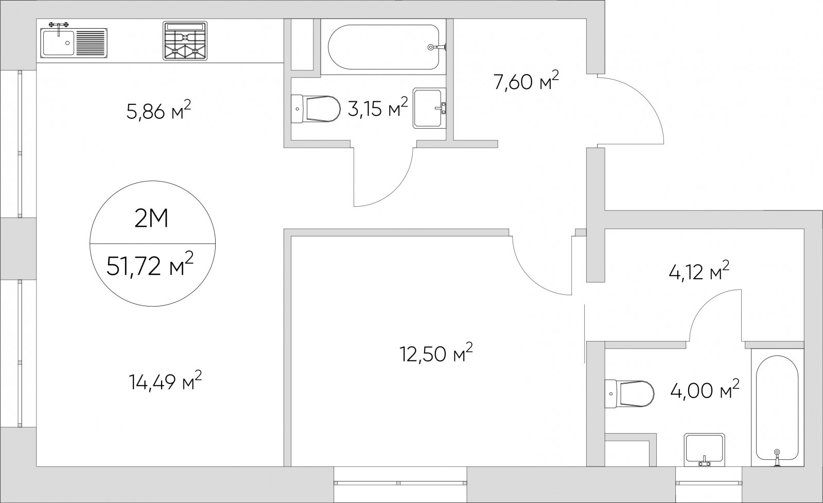 2-комнатные апартаменты без отделки, 51.72 м2, 21 этаж, сдача 1 квартал 2024 г., ЖК N'ICE LOFT, корпус 1 - объявление 2217307 - фото №1
