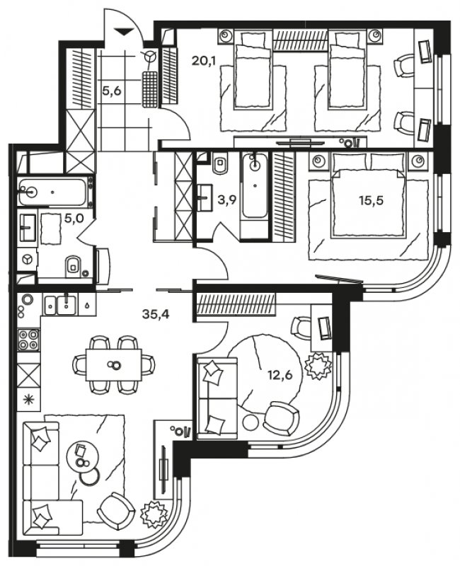 4-комнатные апартаменты без отделки, 98.1 м2, 12 этаж, дом сдан, ЖК Level Стрешнево, корпус Юг - объявление 1747932 - фото №1