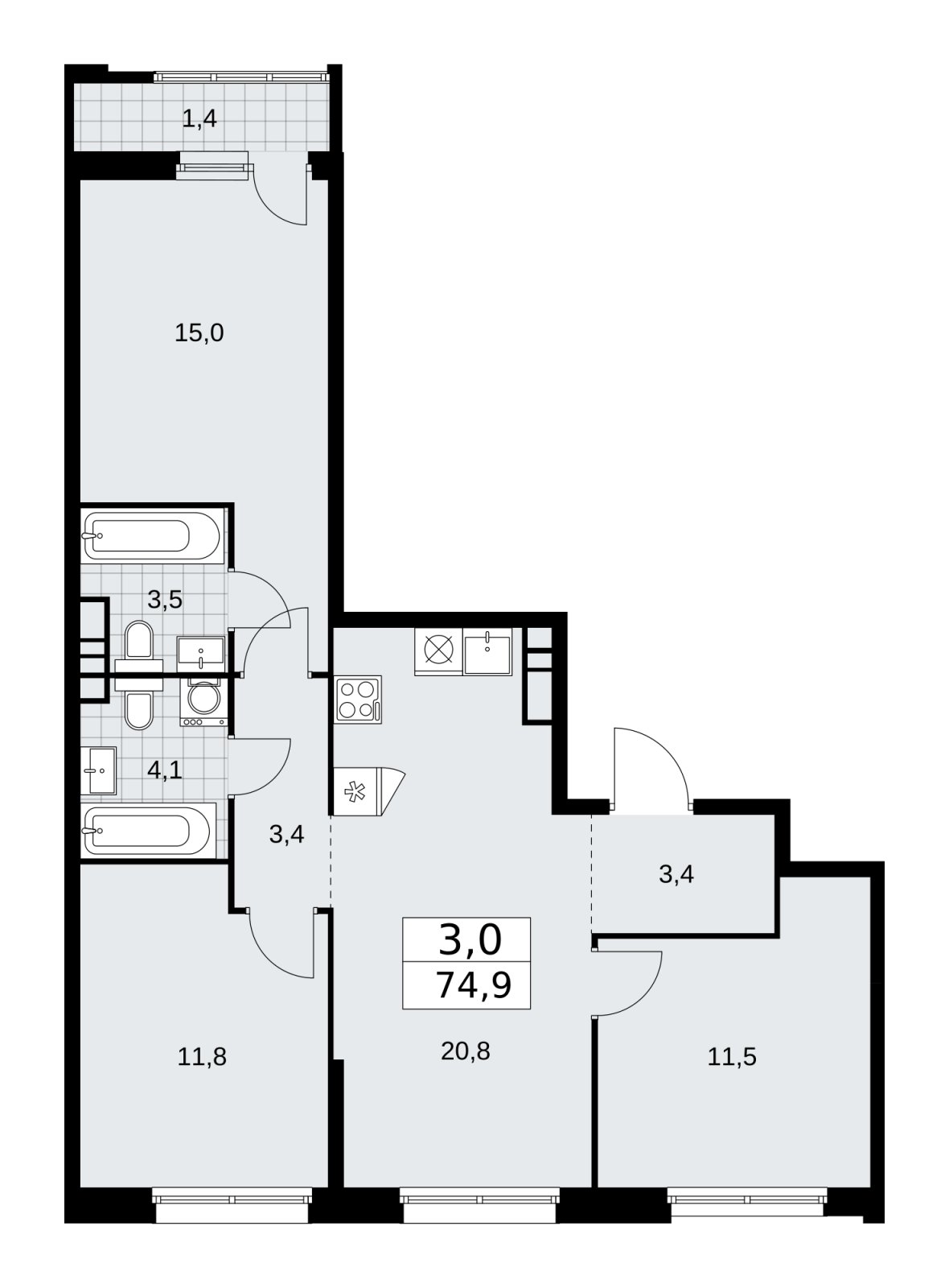 3-комнатная квартира без отделки, 74.9 м2, 8 этаж, сдача 1 квартал 2026 г., ЖК Дзен-кварталы, корпус 3.2 - объявление 2241716 - фото №1