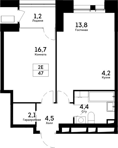 2-комнатная квартира без отделки, 47 м2, 9 этаж, дом сдан, ЖК Квартал на набережной NOW, корпус 1.4 - объявление 2062515 - фото №1