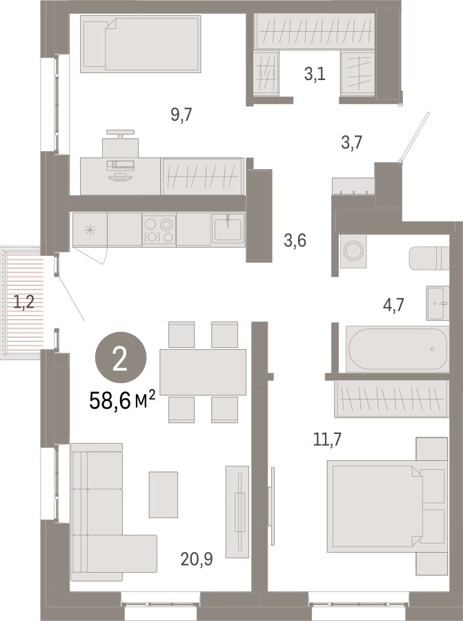 2-комнатная квартира 58.6 м2, 5 этаж, сдача 3 квартал 2026 г., ЖК Квартал Метроном, корпус 1 - объявление 2330781 - фото №1