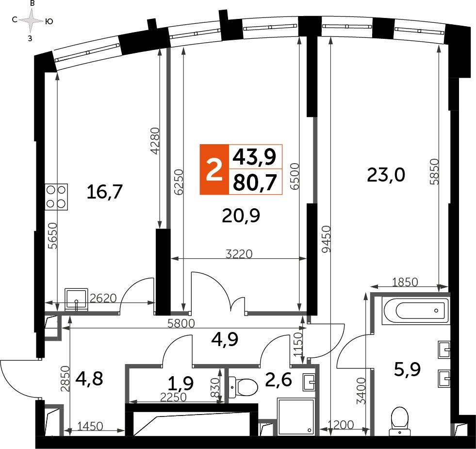 2-комнатная квартира с частичной отделкой, 80.7 м2, 30 этаж, сдача 3 квартал 2024 г., ЖК Sydney City, корпус 2.2 - объявление 2323057 - фото №1