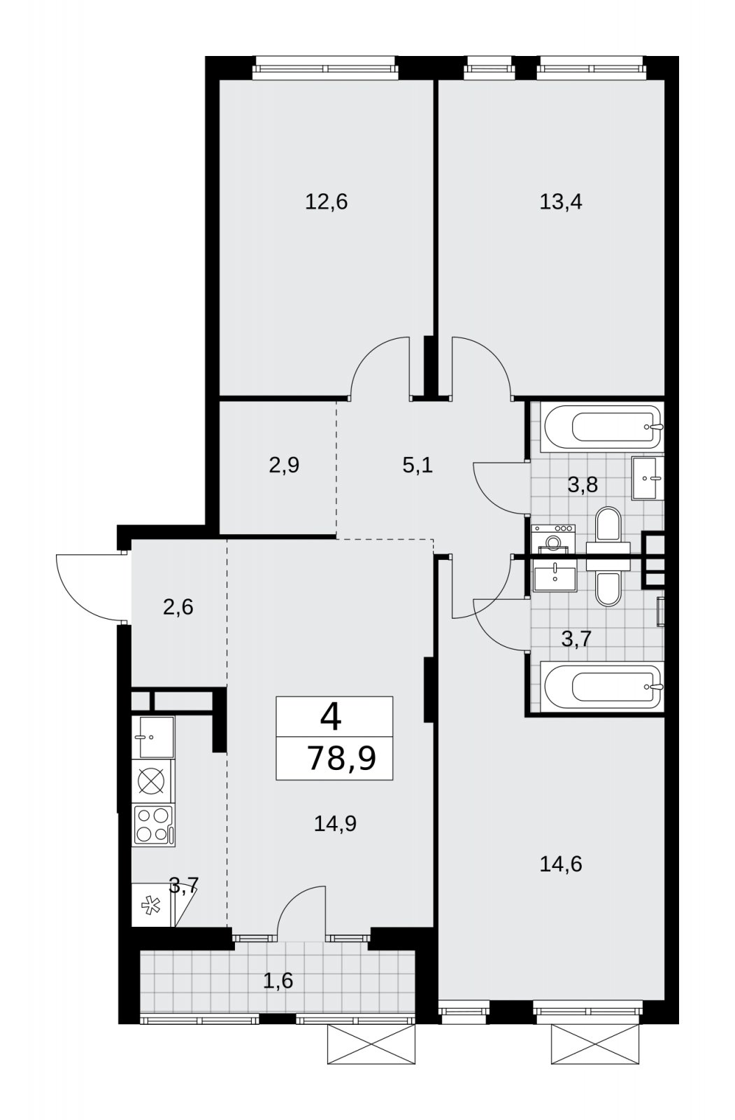4-комнатная квартира (евро) с полной отделкой, 78.9 м2, 5 этаж, сдача 2 квартал 2026 г., ЖК Деснаречье, корпус 4.8 - объявление 2265216 - фото №1