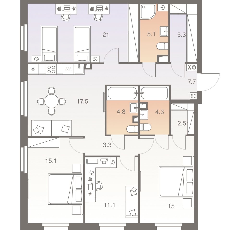 5-комнатная квартира без отделки, 112.7 м2, 21 этаж, сдача 1 квартал 2026 г., ЖК Twelve, корпус 2 - объявление 2331981 - фото №1