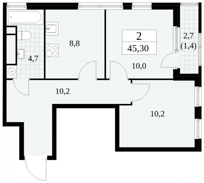 2-комнатная квартира без отделки, 45.3 м2, 18 этаж, сдача 2 квартал 2025 г., ЖК Южные сады, корпус 2.3 - объявление 1758228 - фото №1