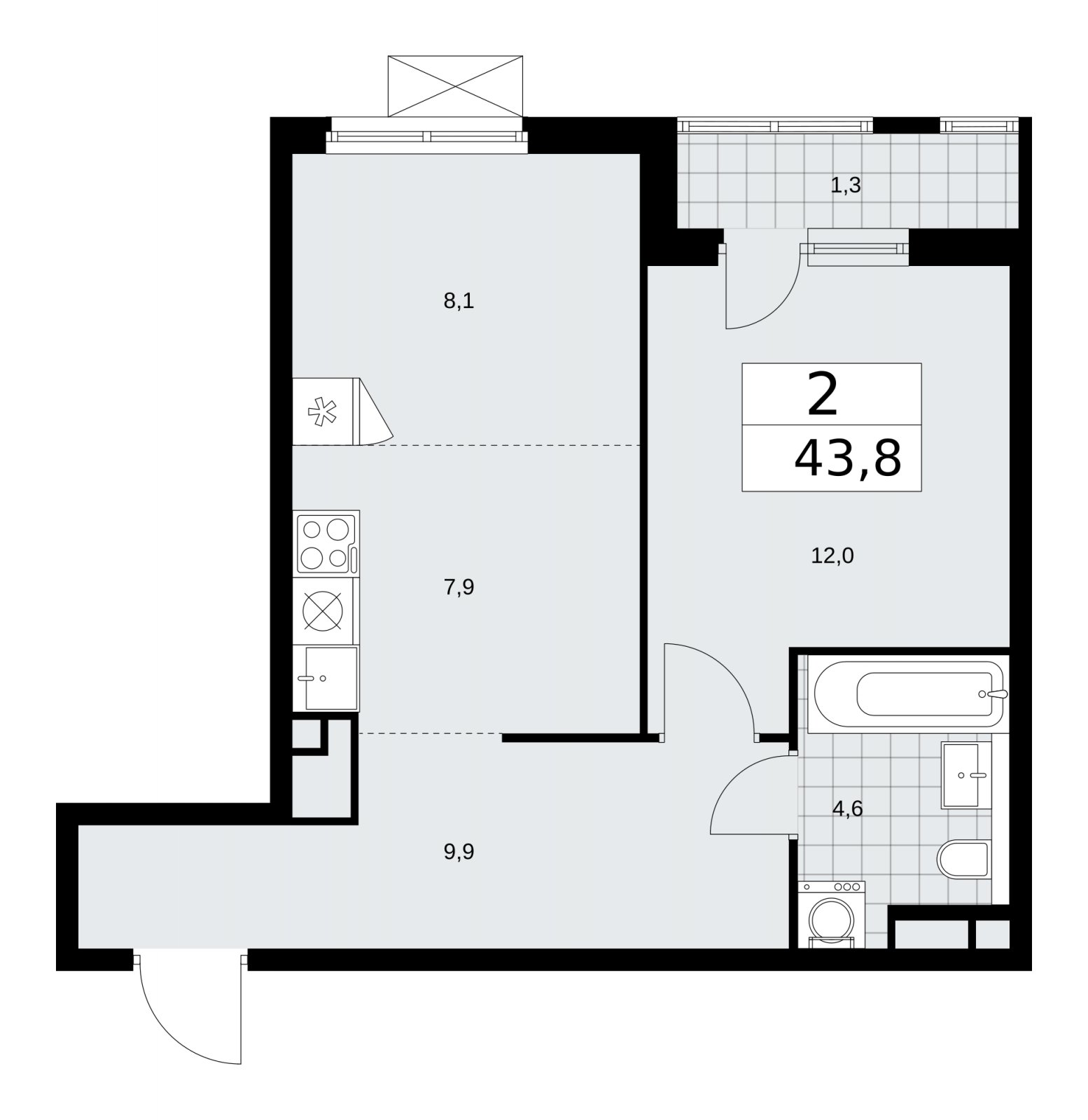 2-комнатная квартира (евро) с частичной отделкой, 43.8 м2, 12 этаж, сдача 2 квартал 2026 г., ЖК Прокшино, корпус 11.2.3 - объявление 2270408 - фото №1