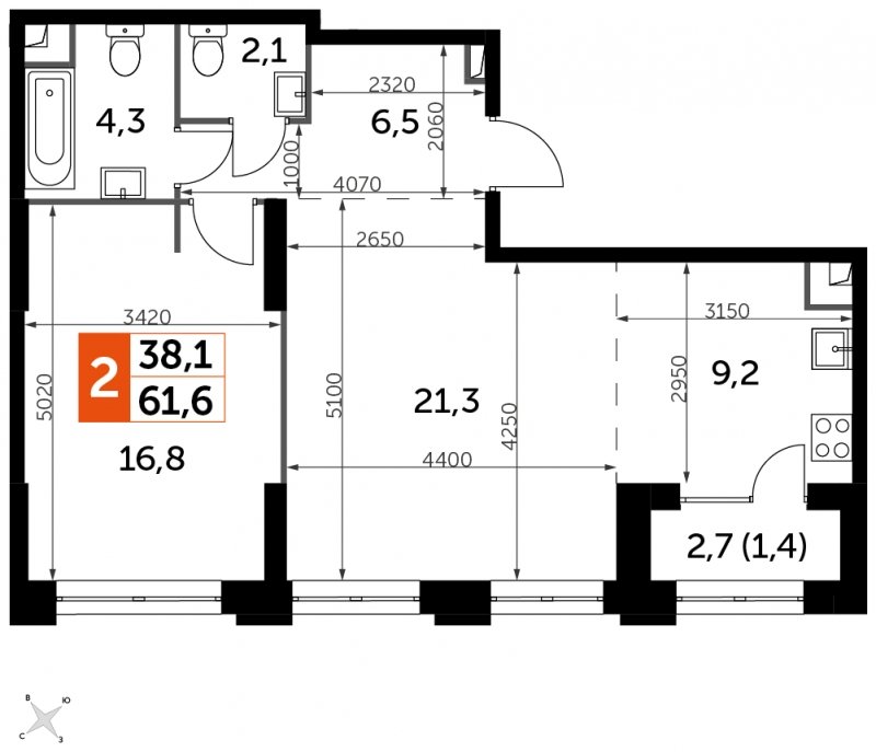 2-комнатная квартира с частичной отделкой, 61.6 м2, 19 этаж, сдача 1 квартал 2023 г., ЖК Sydney City, корпус 3 - объявление 1569054 - фото №1