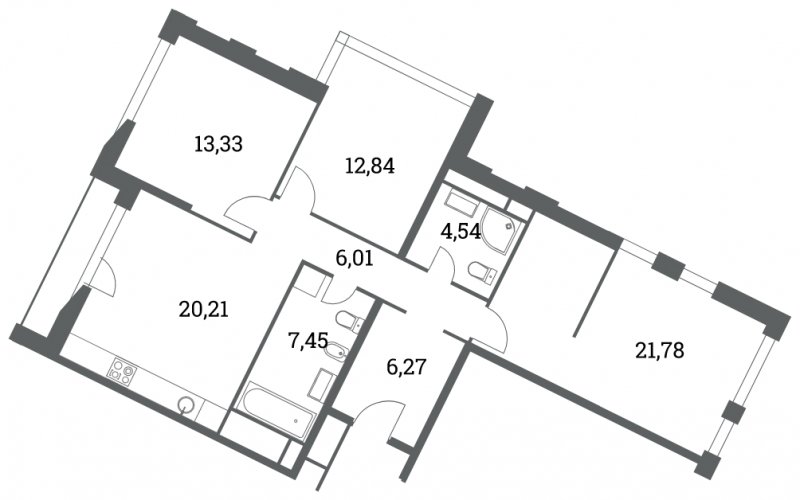 3-комнатная квартира 92.43 м2, 13 этаж, сдача 4 квартал 2022 г., ЖК Headliner, корпус 7 - объявление 1714157 - фото №1
