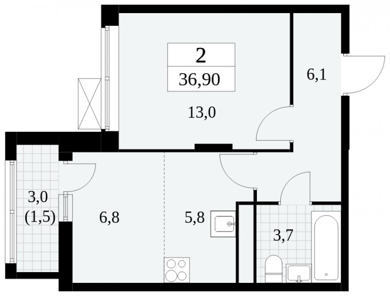 2-комнатная квартира (евро) с частичной отделкой, 36.9 м2, 11 этаж, сдача 3 квартал 2024 г., ЖК Прокшино, корпус 6.6 - объявление 1663510 - фото №1