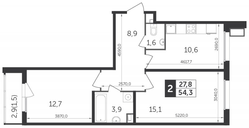 2-комнатная квартира с частичной отделкой, 54.3 м2, 22 этаж, сдача 1 квартал 2022 г., ЖК Датский квартал, корпус 1 - объявление 1329120 - фото №1