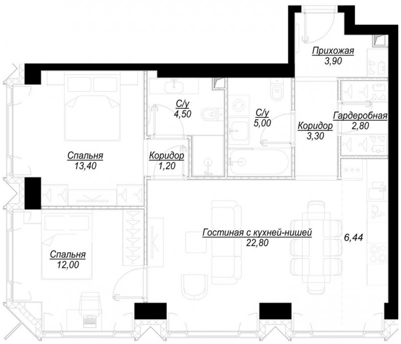 2-комнатная квартира с частичной отделкой, 75.3 м2, 4 этаж, сдача 1 квартал 2023 г., ЖК Hide, корпус ParkLane - объявление 1707110 - фото №1