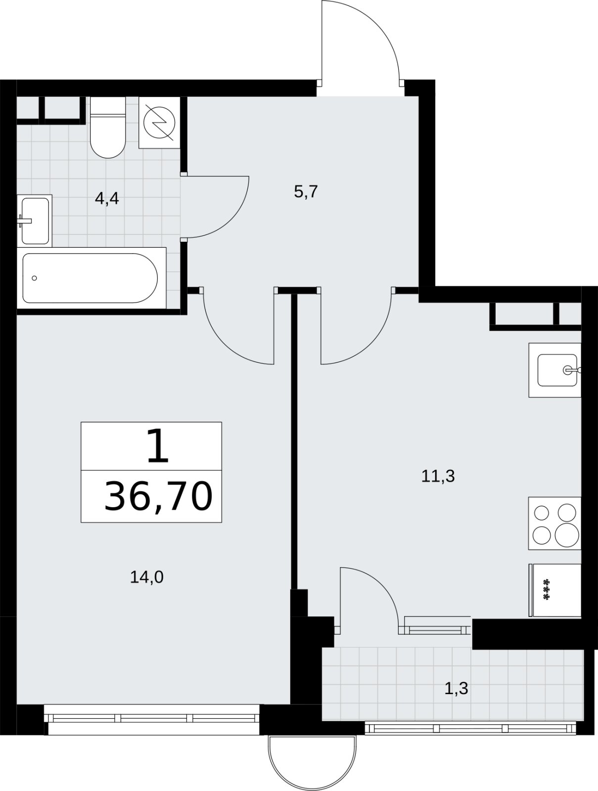 1-комнатная квартира с полной отделкой, 36.7 м2, 5 этаж, сдача 4 квартал 2026 г., ЖК Родные кварталы, корпус 3.2 - объявление 2378380 - фото №1