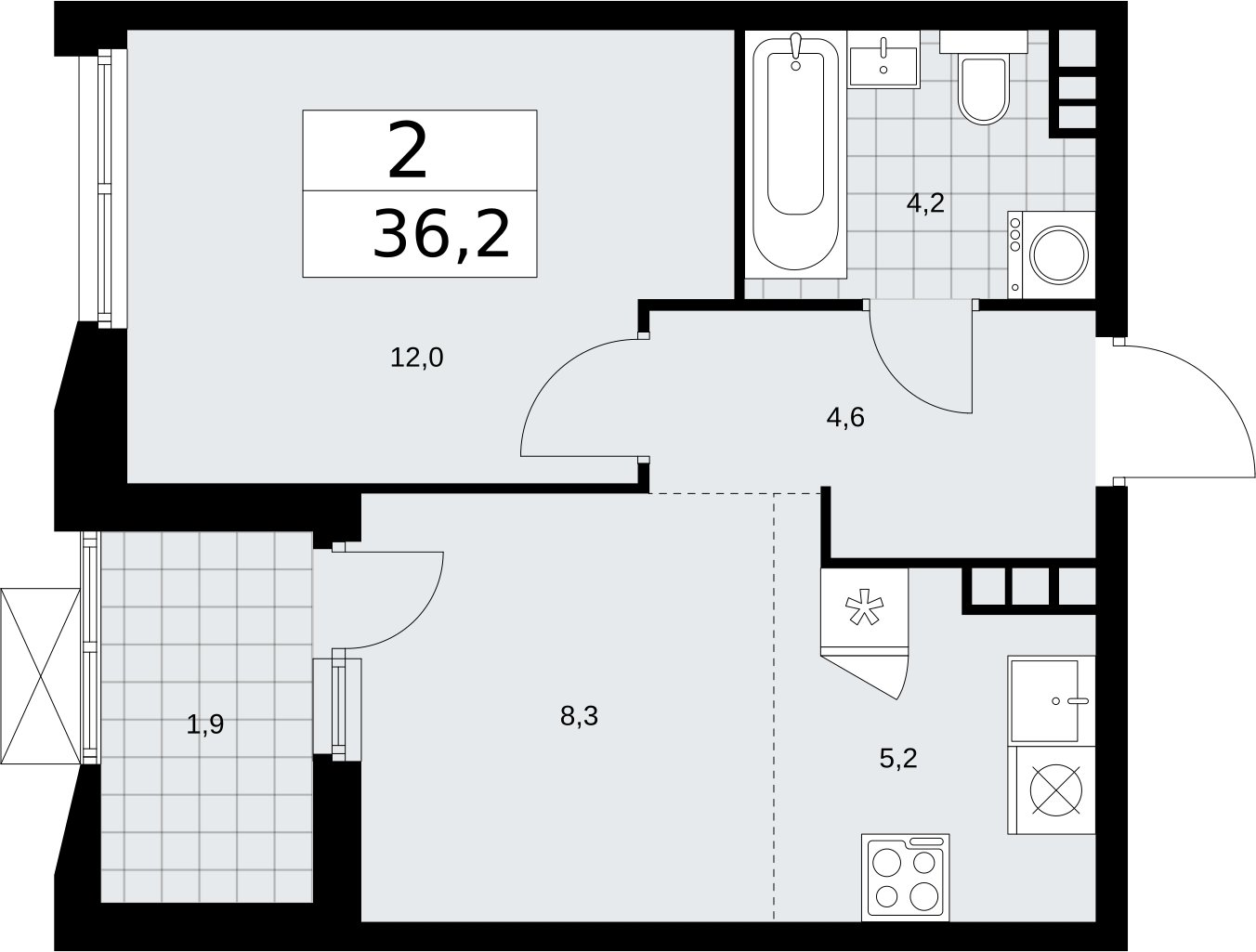 2-комнатная квартира (евро) без отделки, 36.2 м2, 10 этаж, сдача 2 квартал 2026 г., ЖК Бунинские кварталы, корпус 5.2 - объявление 2297384 - фото №1