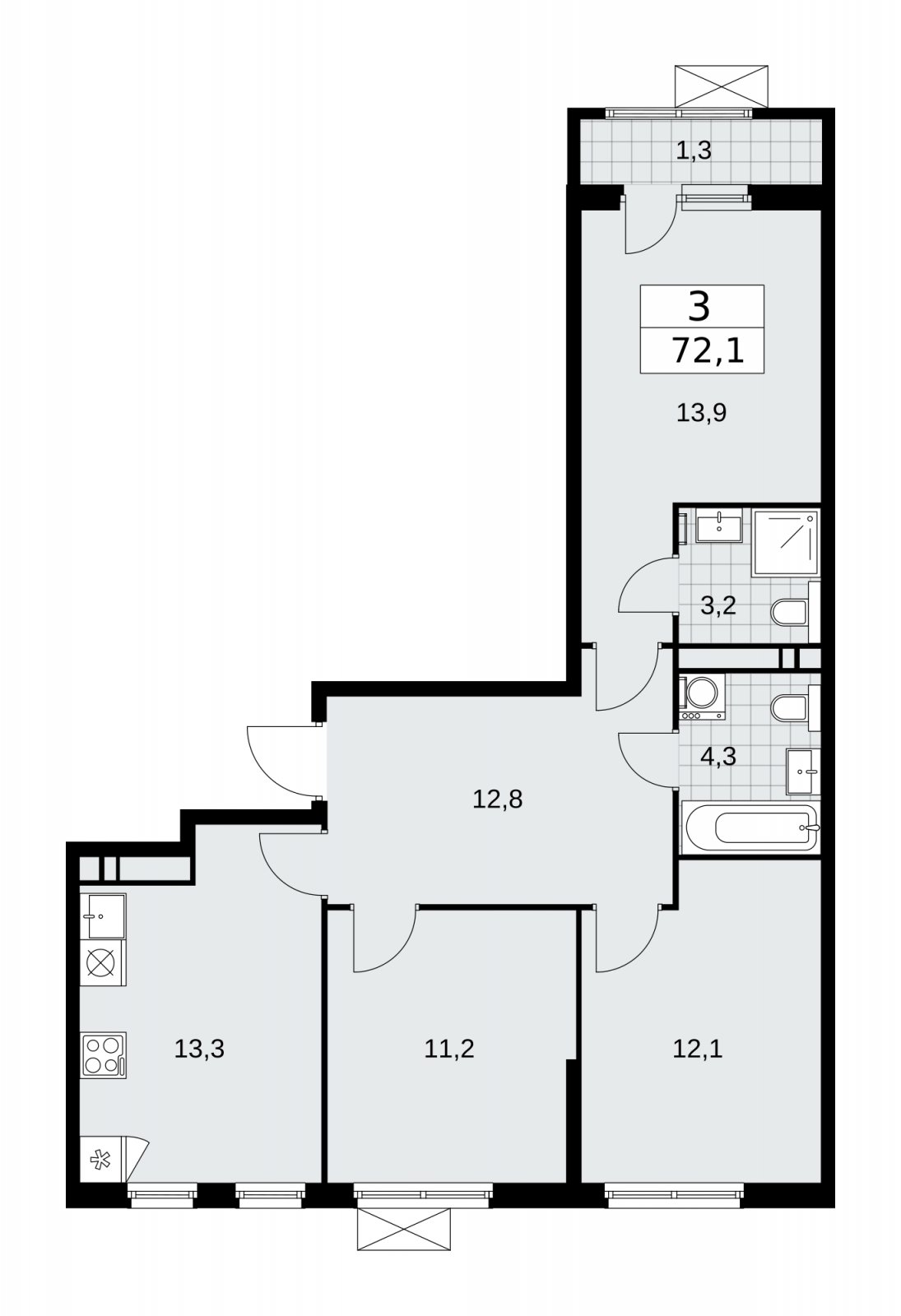 3-комнатная квартира без отделки, 72.1 м2, 13 этаж, сдача 1 квартал 2026 г., ЖК Прокшино, корпус 11.2.1 - объявление 2269832 - фото №1