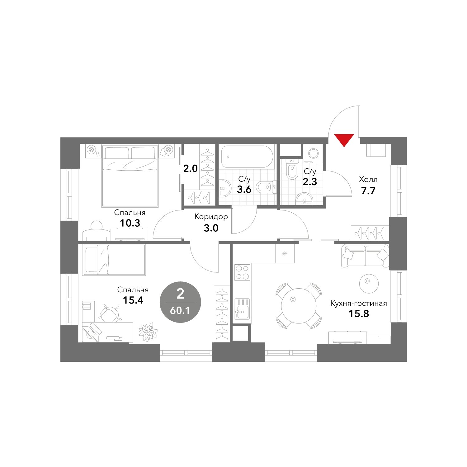 2-комнатные апартаменты без отделки, 60.1 м2, 5 этаж, сдача 3 квартал 2025 г., ЖК VOXHALL, корпус 4 - объявление 1981110 - фото №1