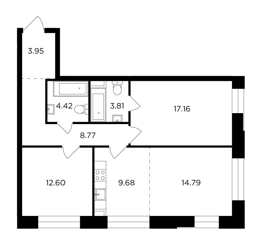 3-комнатная квартира с частичной отделкой, 75.18 м2, 12 этаж, дом сдан, ЖК FORIVER, корпус 7 - объявление 2259557 - фото №1