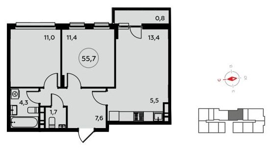 3-комнатная квартира (евро) без отделки, 56 м2, 7 этаж, сдача 4 квартал 2022 г., ЖК Белые ночи, корпус 3.2 - объявление 1826073 - фото №1