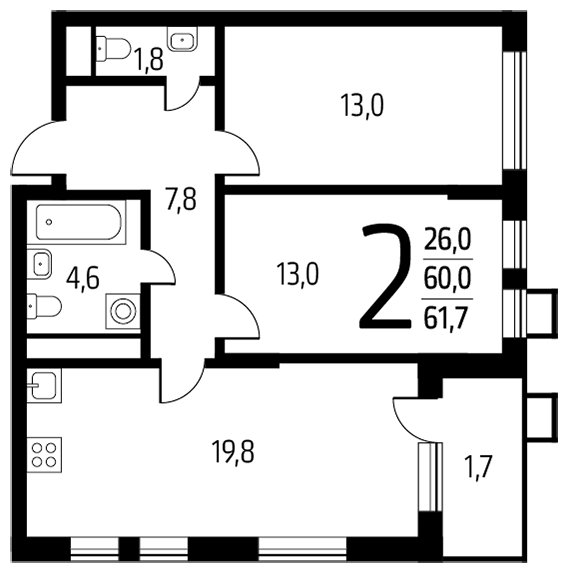 2-комнатная квартира с полной отделкой, 61.7 м2, 6 этаж, сдача 1 квартал 2024 г., ЖК Новые Ватутинки. Центральный, корпус 9/3 - объявление 1674609 - фото №1