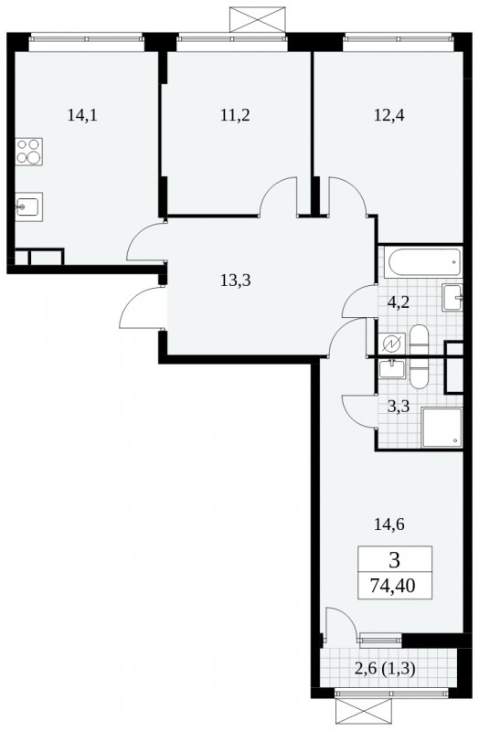 3-комнатная квартира с частичной отделкой, 74.4 м2, 6 этаж, сдача 2 квартал 2025 г., ЖК Прокшино, корпус 5.1.2 - объявление 1860147 - фото №1