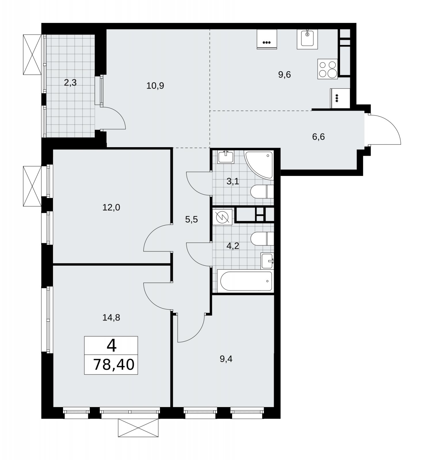 4-комнатная квартира (евро) с частичной отделкой, 78.4 м2, 14 этаж, сдача 4 квартал 2025 г., ЖК Бунинские кварталы, корпус 3.5 - объявление 2152231 - фото №1