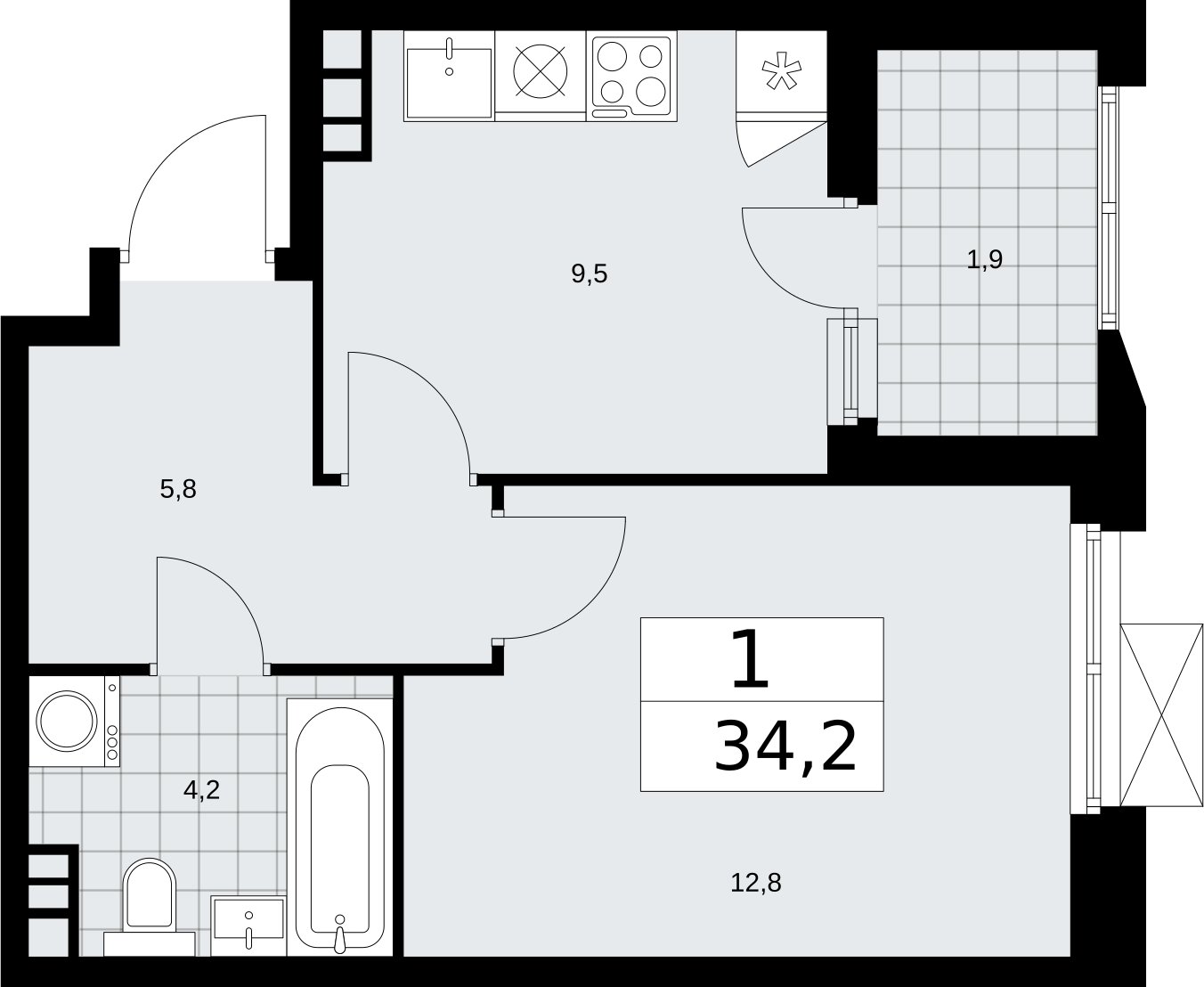 1-комнатная квартира без отделки, 34.2 м2, 8 этаж, сдача 2 квартал 2026 г., ЖК Бунинские кварталы, корпус 5.2 - объявление 2297362 - фото №1