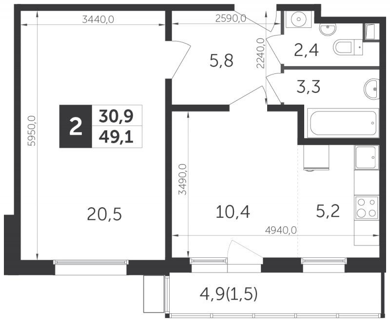 2-комнатная квартира (евро) с частичной отделкой, 49.1 м2, 15 этаж, сдача 1 квартал 2022 г., ЖК Датский квартал, корпус 1 - объявление 1447578 - фото №1
