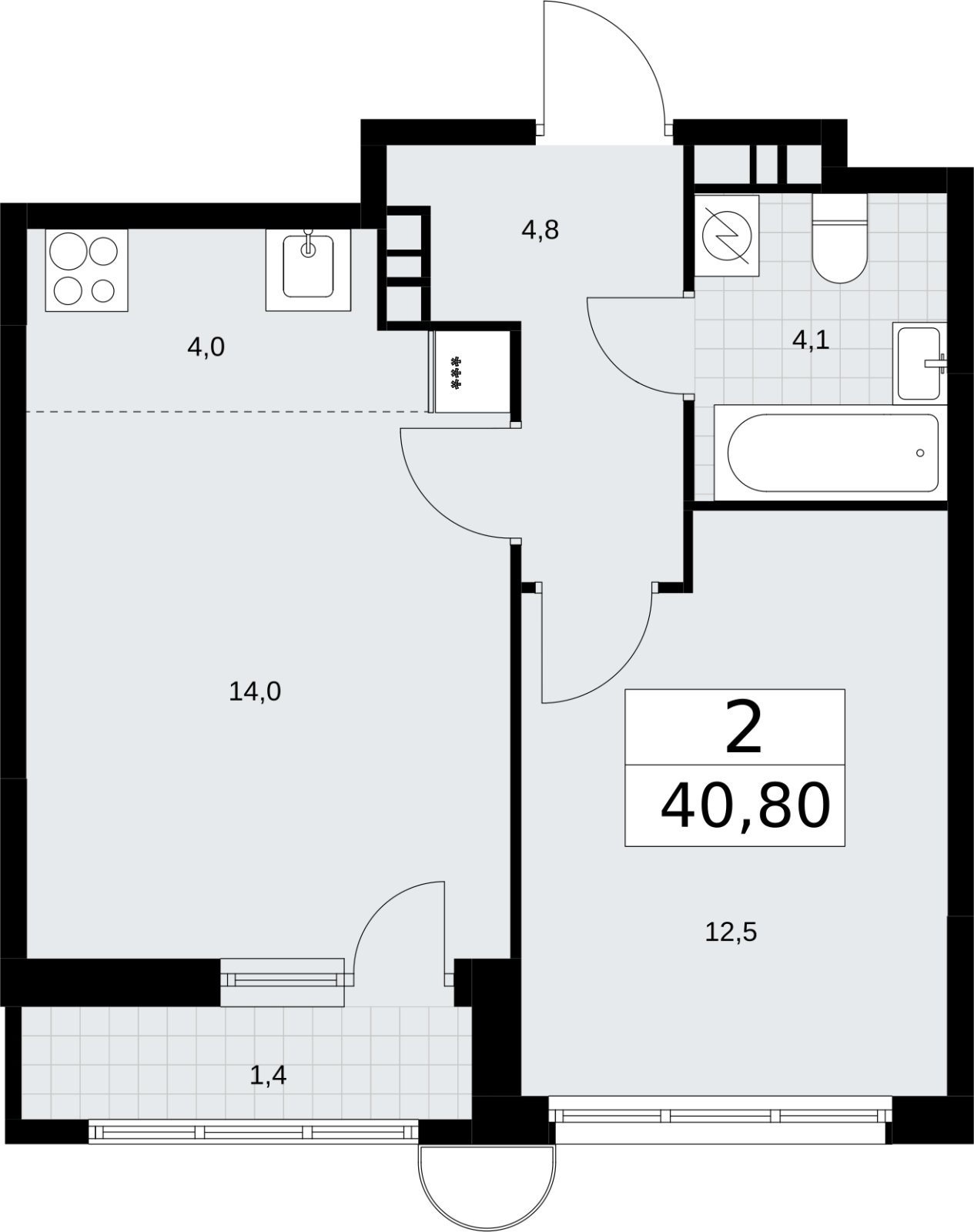 2-комнатная квартира (евро) без отделки, 40.8 м2, 4 этаж, сдача 3 квартал 2026 г., ЖК Родные кварталы, корпус 3.1 - объявление 2378188 - фото №1