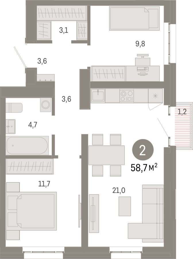 2-комнатная квартира с частичной отделкой, 58.7 м2, 12 этаж, сдача 3 квартал 2026 г., ЖК Квартал Метроном, корпус 1 - объявление 2358178 - фото №1