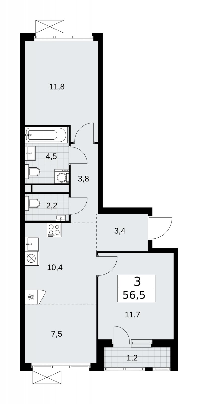 3-комнатная квартира (евро) без отделки, 56.5 м2, 11 этаж, сдача 4 квартал 2025 г., ЖК Прокшино, корпус 11.1.4 - объявление 2257753 - фото №1