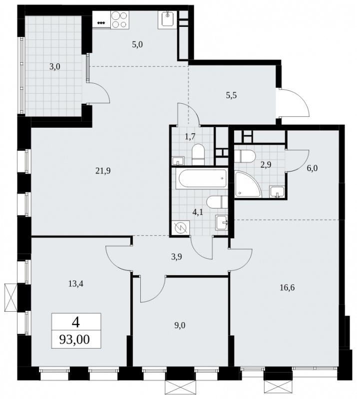 4-комнатная квартира (евро) без отделки, 93 м2, 18 этаж, сдача 1 квартал 2025 г., ЖК Дзен-кварталы, корпус 1.3 - объявление 1896065 - фото №1