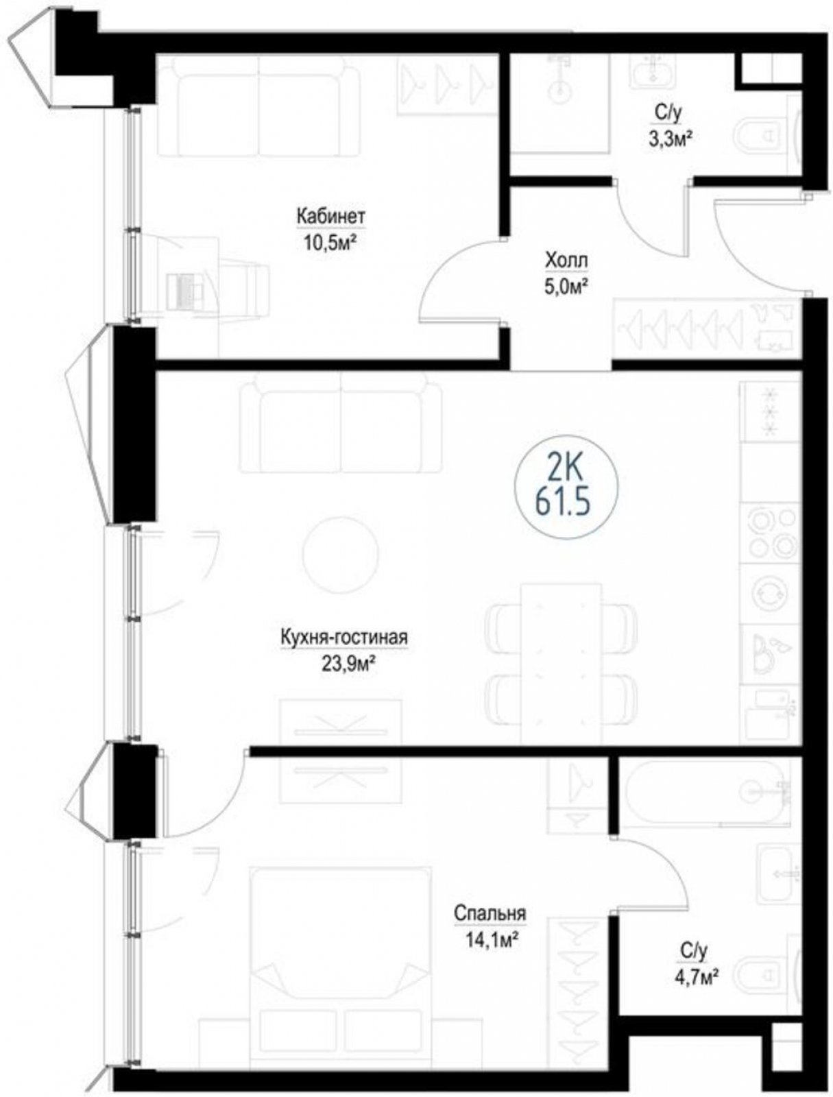 2-комнатная квартира с частичной отделкой, 61.5 м2, 12 этаж, сдача 3 квартал 2024 г., ЖК Метрополия, корпус Veliky Novgorod - объявление 2196512 - фото №1