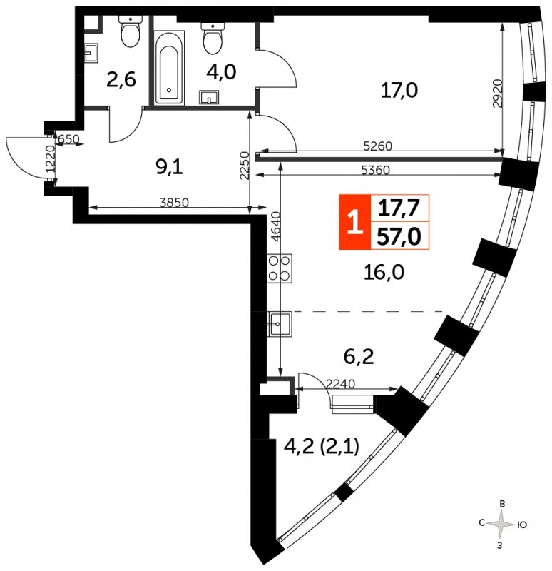 1-комнатная квартира с частичной отделкой, 57 м2, 2 этаж, сдача 3 квартал 2024 г., ЖК Sydney City, корпус 2.2 - объявление 1608140 - фото №1