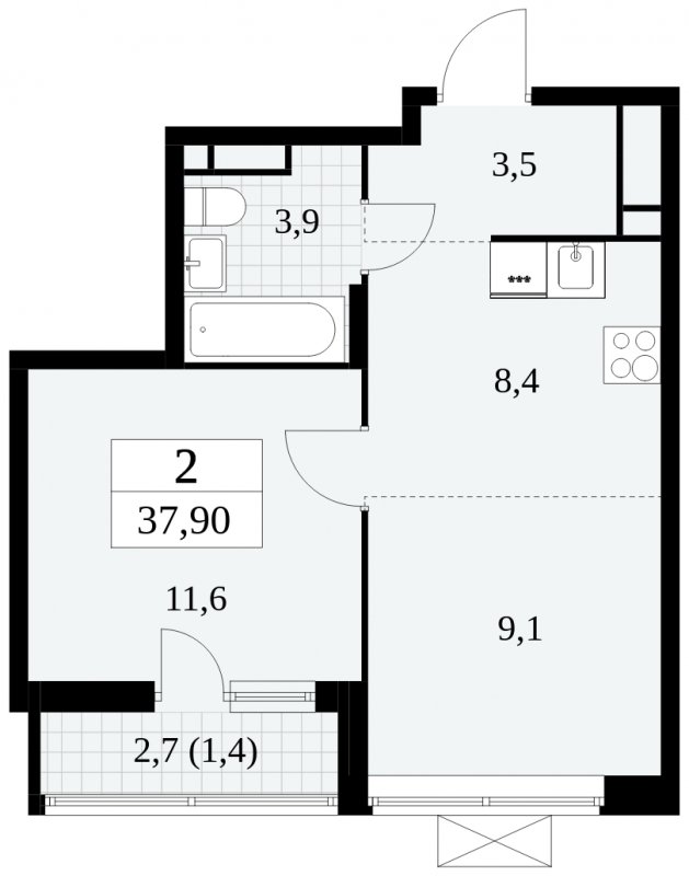 2-комнатная квартира (евро) с полной отделкой, 37.9 м2, 15 этаж, сдача 3 квартал 2024 г., ЖК Прокшино, корпус 8.1 - объявление 1683705 - фото №1