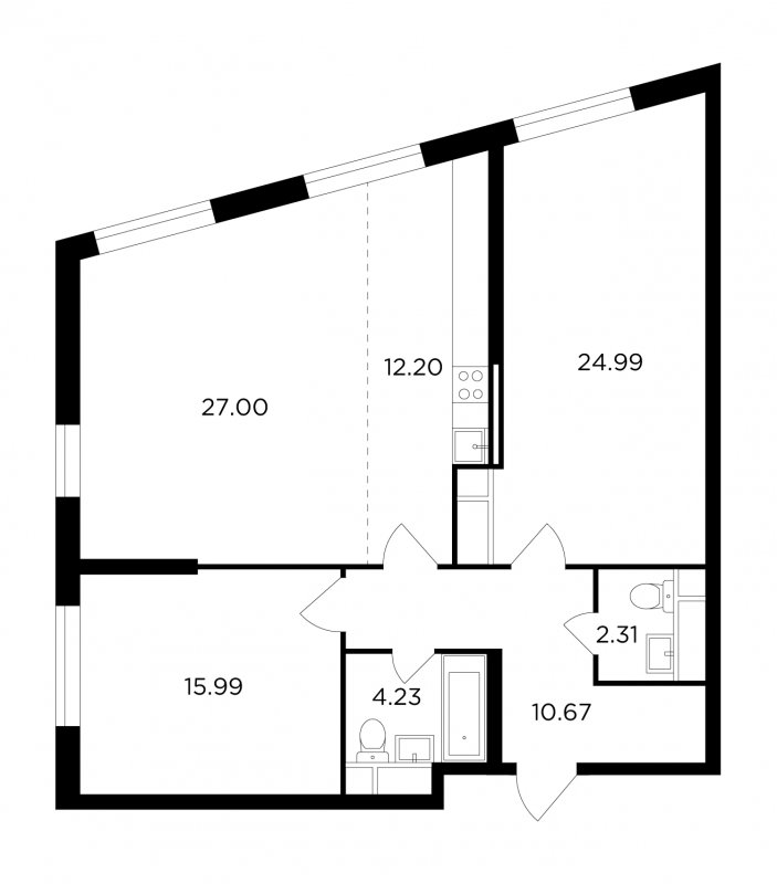 3-комнатная квартира без отделки, 97.39 м2, 12 этаж, дом сдан, ЖК КутузовGRAD 2, корпус 3 - объявление 1806028 - фото №1
