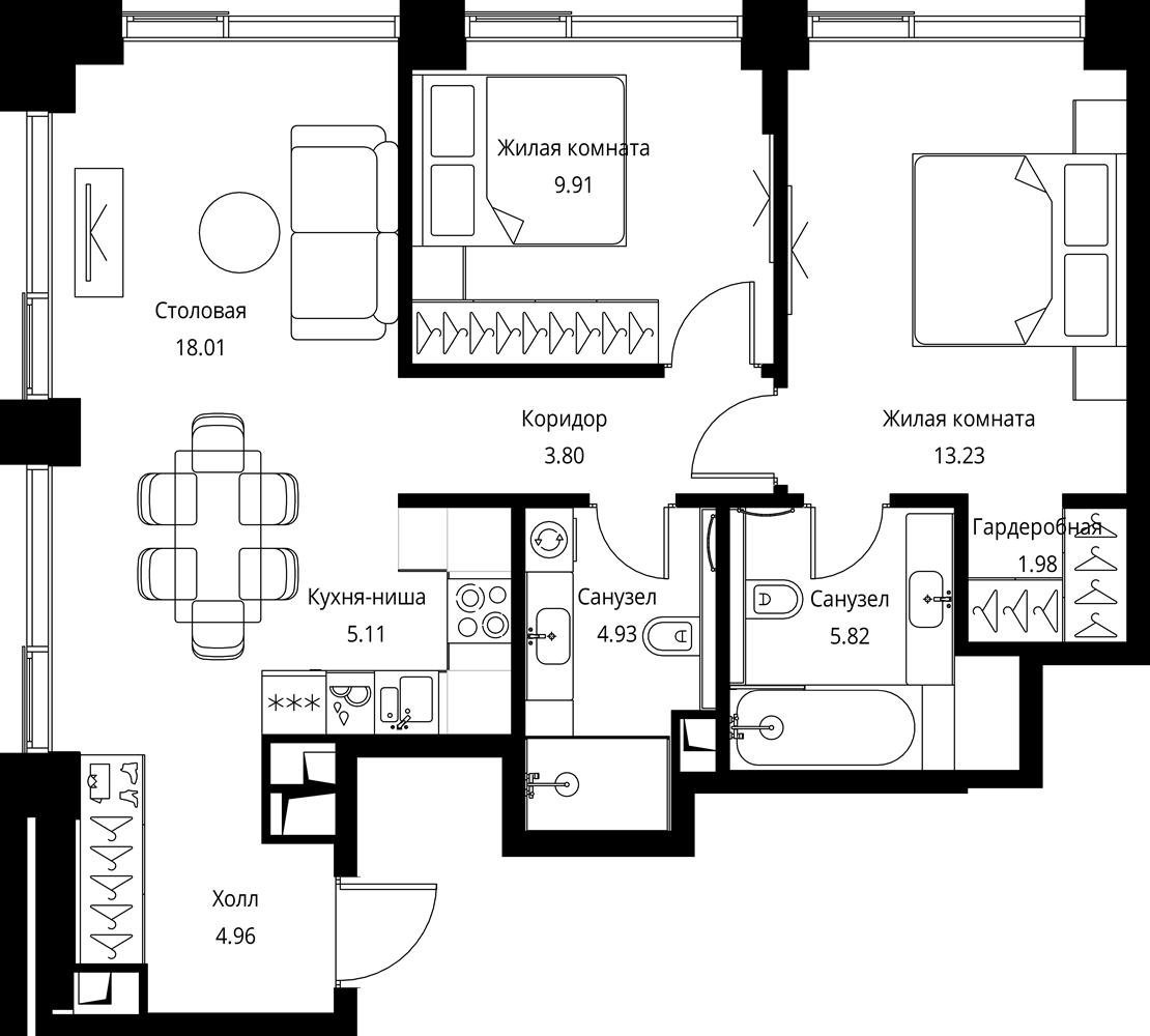 2-комнатная квартира с частичной отделкой, 67.75 м2, 11 этаж, сдача 3 квартал 2026 г., ЖК City Bay, корпус North Ocean 6 - объявление 2332380 - фото №1