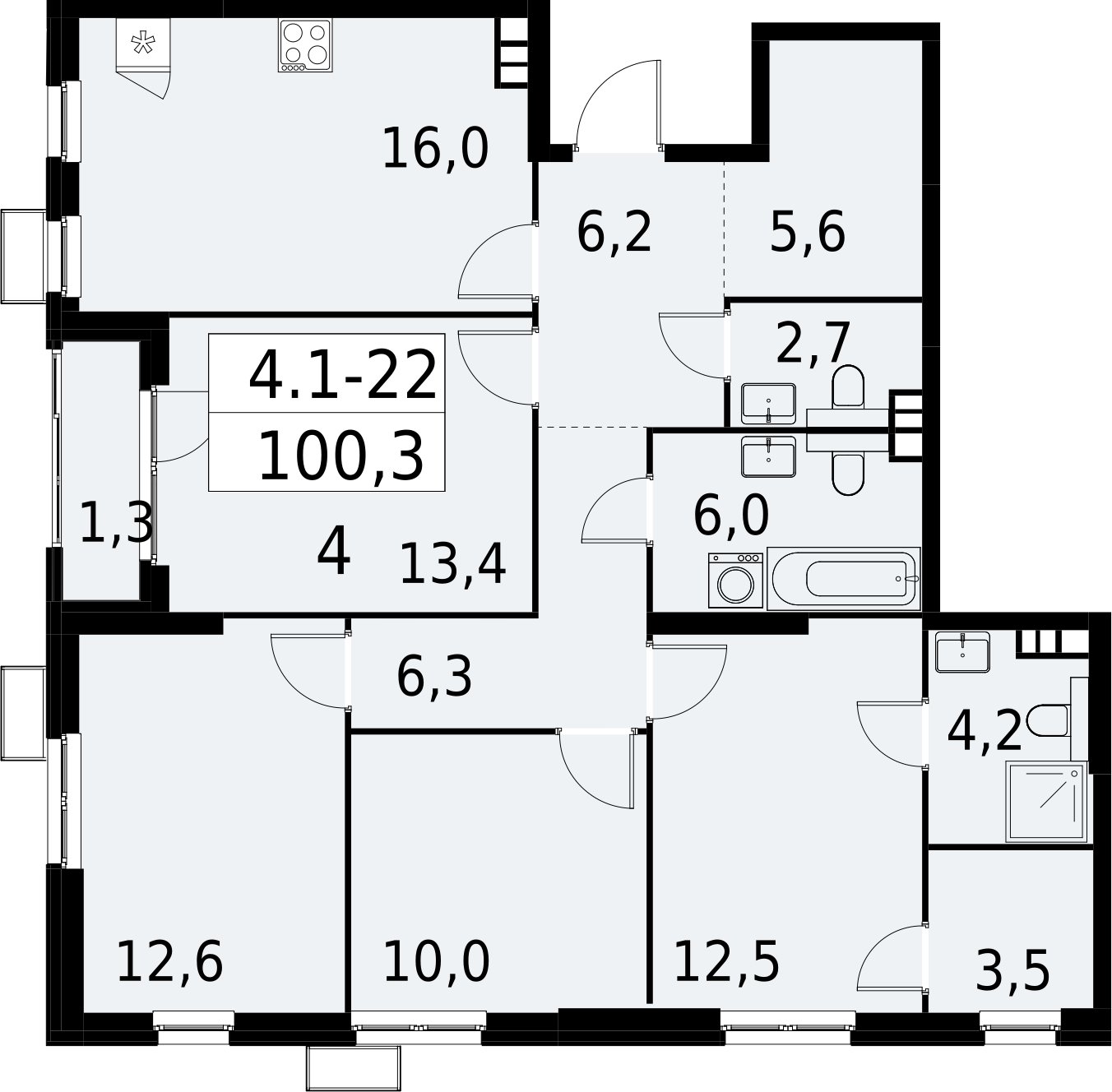 4-комнатная квартира с полной отделкой, 100.3 м2, 5 этаж, сдача 2 квартал 2027 г., ЖК Южные сады, корпус 4.1.1 - объявление 2392563 - фото №1