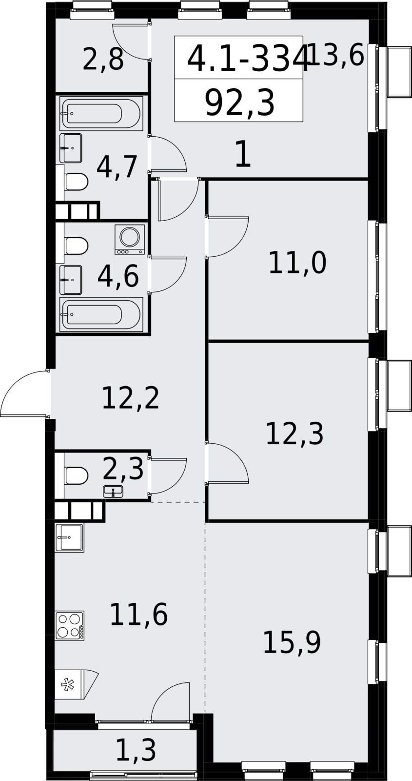 4-комнатная квартира (евро) с полной отделкой, 92.3 м2, 15 этаж, сдача 2 квартал 2027 г., ЖК Южные сады, корпус 4.1.2 - объявление 2392842 - фото №1