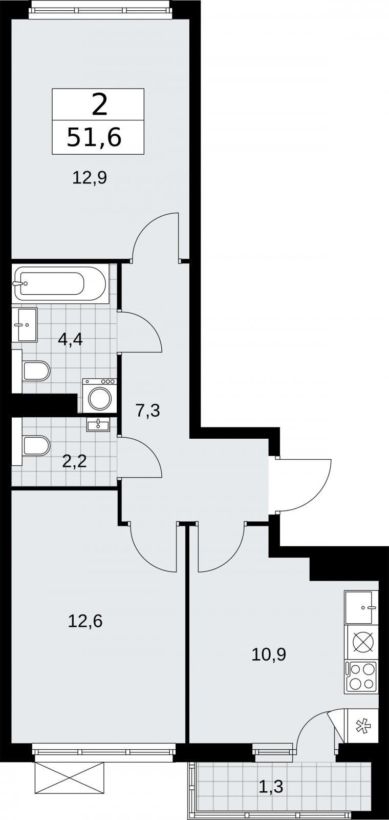 2-комнатная квартира без отделки, 51.6 м2, 14 этаж, сдача 2 квартал 2026 г., ЖК Бунинские кварталы, корпус 7.3 - объявление 2313810 - фото №1