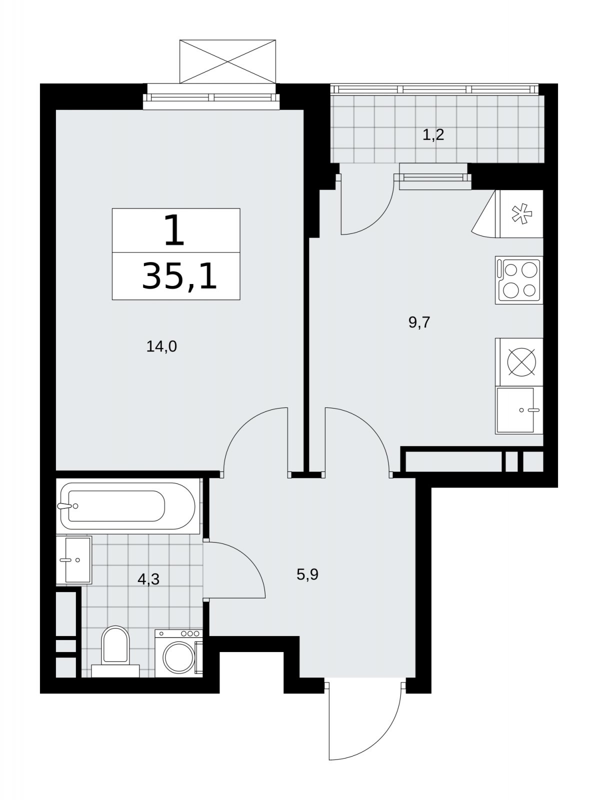 1-комнатная квартира без отделки, 35.1 м2, 13 этаж, сдача 4 квартал 2025 г., ЖК Прокшино, корпус 11.1.4 - объявление 2257838 - фото №1